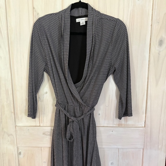 Liz Claiborne Wrap Dress Black White Geometric Print 3/4 Sleeve Knee Length Tie - Picture 1 of 5